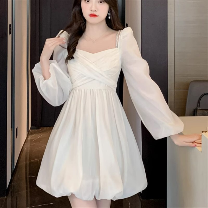 ワンピース ショートスカート ショート ショート丈 ショートワンピース 袖あり 長袖 パフスリーブ スクエアカラー ハイウエスト かわいい 大人可愛い きれいめ シンプル カジュアル 大人 上品