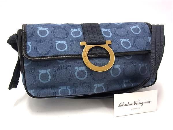 フェラガモ ショルダーバッグ ガンチーニ キャンバス AU-21/5900 ゴールド金具 ブルー系 ハンドバッグ ショッピングバッグ トートバッグ 鞄 ブランド 斜め掛け【本物保証】