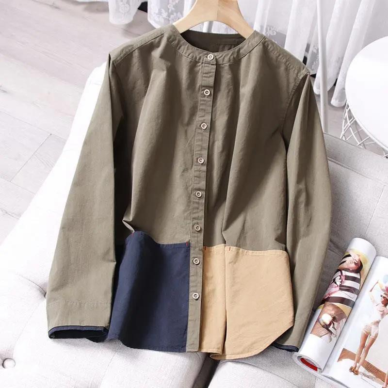 トップス シャツ レギュラー丈 長袖 ラウンドネック ストレート 綿 リネン かわいい 大人可愛い きれいめ シンプル カジュアル 大人 上品 お洒落 レトロ 大人女子 こなれ感 ラフ ガーリー