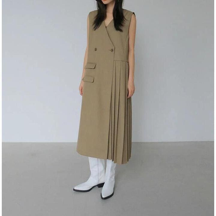 ジャンパースカート レディース ワンピース 春 夏 ロングワンピース プリーツワンピース 無地 ジャンスカ テーラード ノースリーブ レイヤード