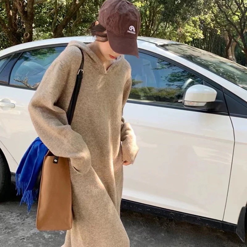 フード付きセータードレスレディースミドルレングス秋冬インナールーズニットドレス