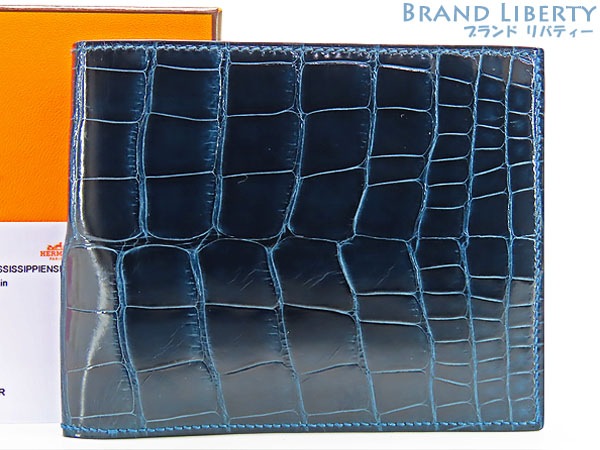 新品同様エルメスMC2タレスアリゲーターシャイニー二つ折り財布クロコダイルコルヴェールネイビーC刻印