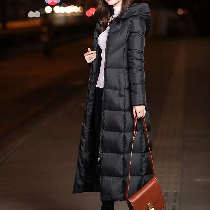 アウター ダウンコート 膝下 ミモレ ロング 袖あり 長袖 細身 ストレート フード付き ファスナー ポケット きれいめ シンプル カジュアル 大人 上品 おしゃれ お洒落 かっこいい 大人女子