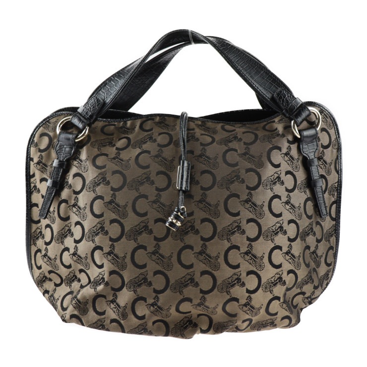 美品 CELINE セリーヌ ハンドバッグ - ビタースウィート Cサルキー キャンバス クロコ型押しレザー ブロンズ ブラック ゴールド金具 トートバッグ ショルダーバッグ 【本物保証】