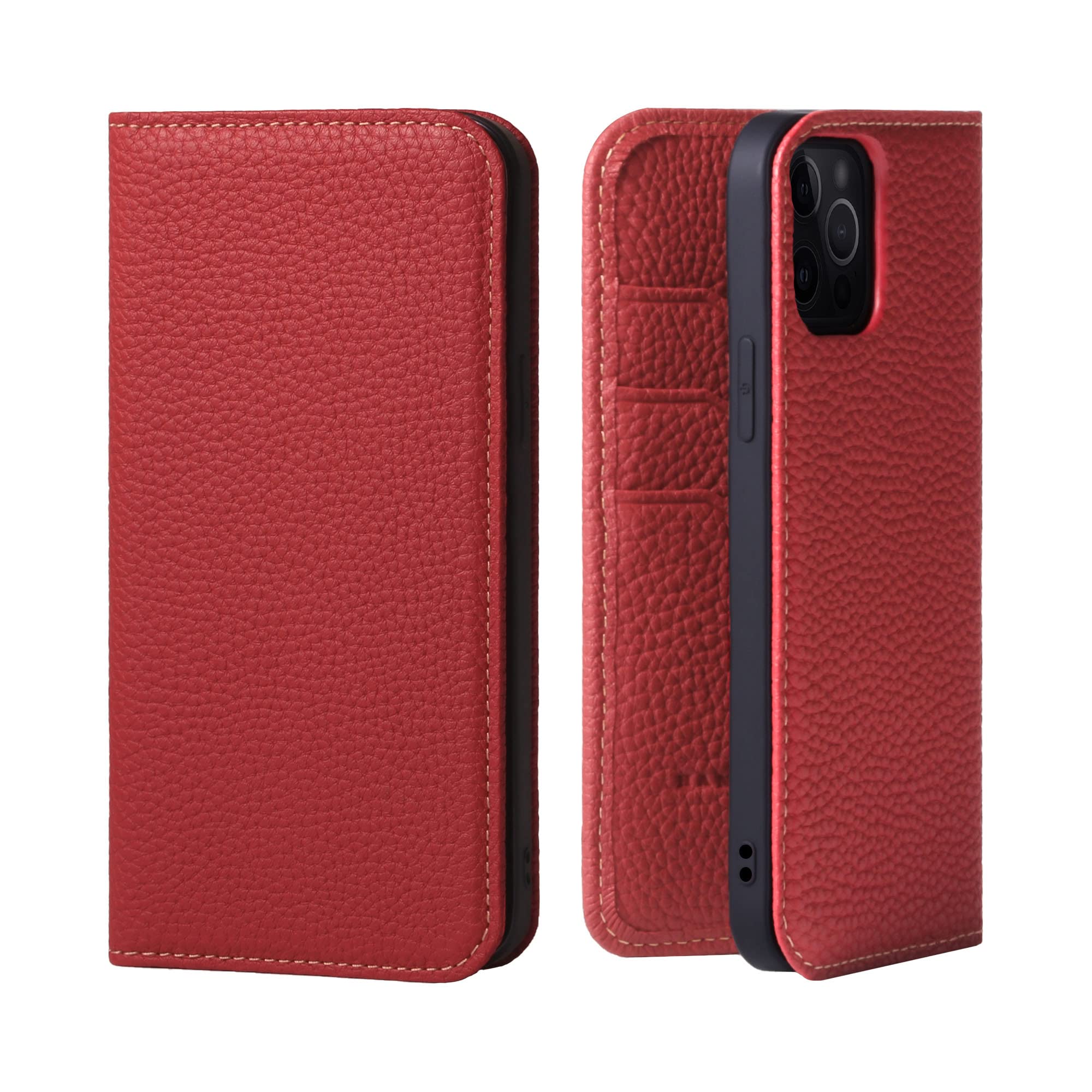 HANATORA iPhone用 15Pro ケース 手帳型 本革 スマホケース スマホ スタンド コードホルダー 付き シュリンクカーフレザー ギフト マグネットなし レッド PH-15Pro-Re