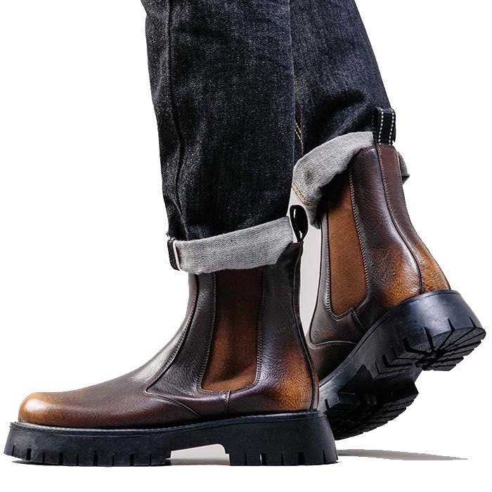 サイドゴアブーツ メンズ マーチンブーツ 牛革 厚底ソール ダメージ加工 ヴィンテージ ウォータープルーフ 身長4.5ｃｍUP