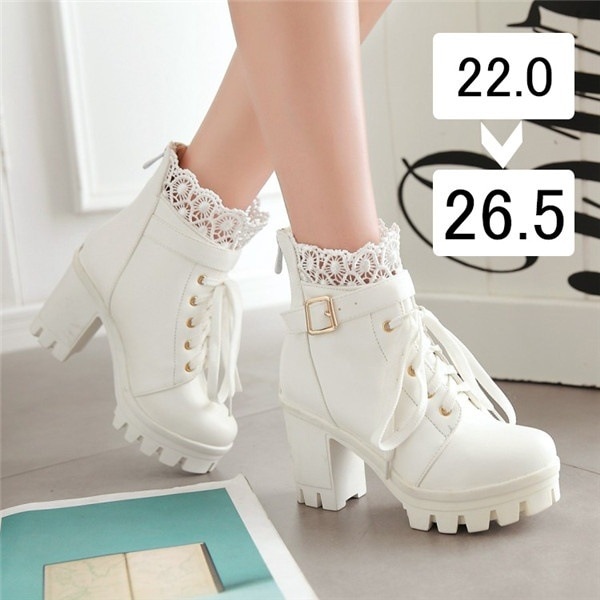 ブーツ レディース ショートブーツ 編み上げ レースアップ 靴 レース かわいい チャンキーヒール 太ヒール 大きいサイズ 厚底 おしゃれ 美脚 シューズ ホワイト ブラック 黒 白 シンプル コスプ
