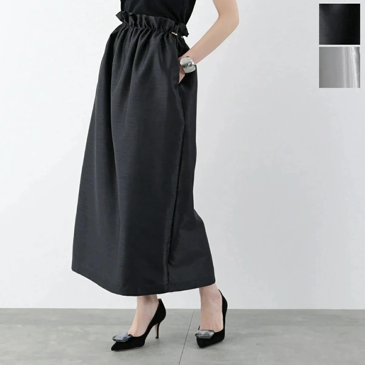 Palm Riche ポームリシュ ロングスカート 32403E レディース サテン コクーン ギャザー ドロスト カラー2色