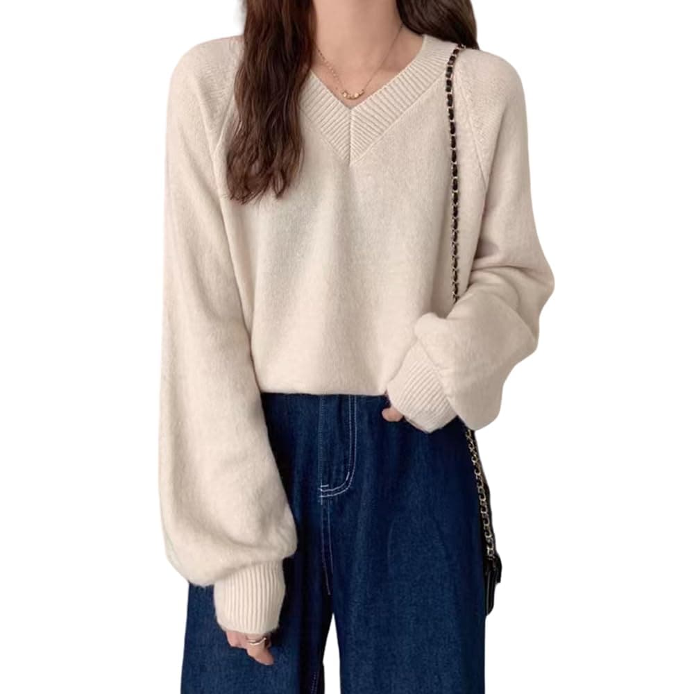 ニット セーター レディース トップス ｖネック 長袖 リプニット ボリューム袖 カットソー 無地 シンプル かわいい 秋 冬
