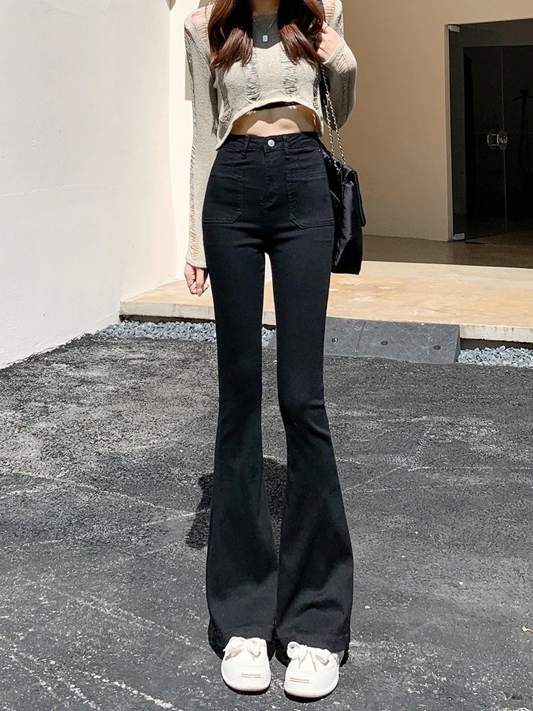 ブラックフレアパンツ春ハイウエストジーンズ女性スキニーホットlガール新しいマイクロラージ薄いドラッグパンツ 4,877円