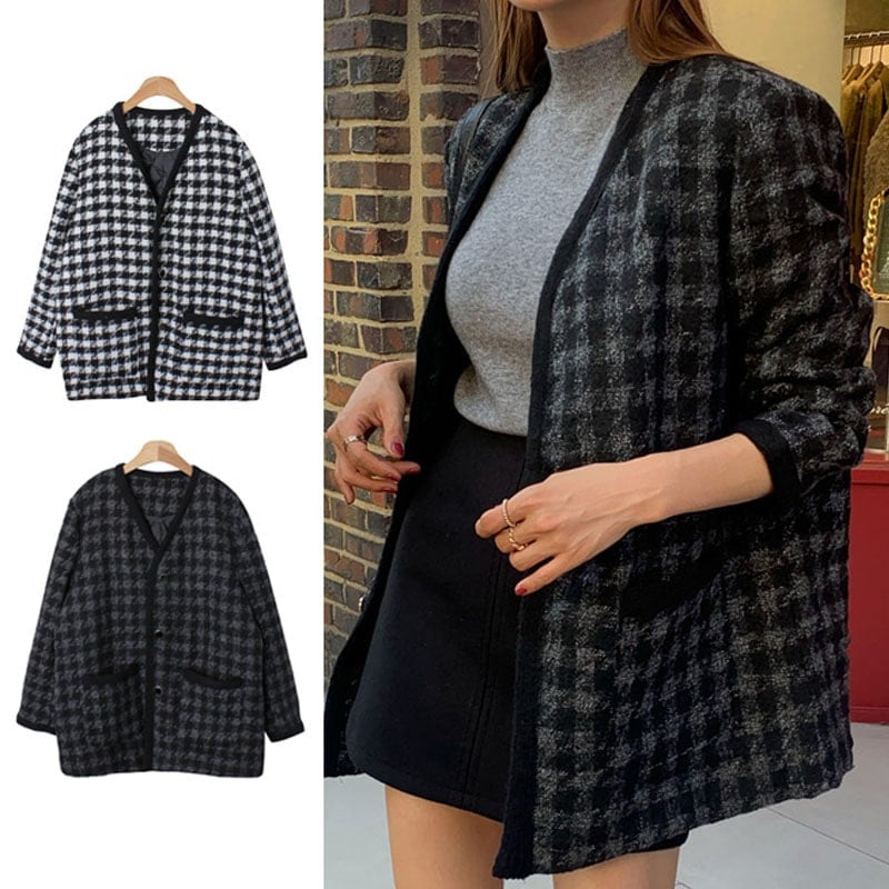 2color あったか裏地キルティング モダン, ベーシックな雰囲気の チェック柄 ノーカラー．V