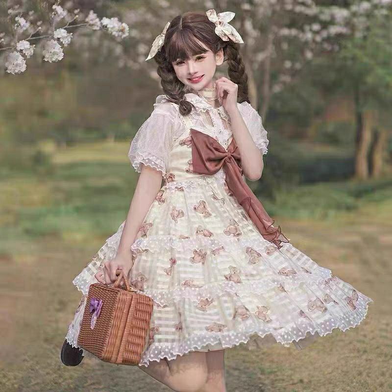 二次元 ロリータベアーケーキスカートかわいいロリータリボンキャミソールスカートjsk女装