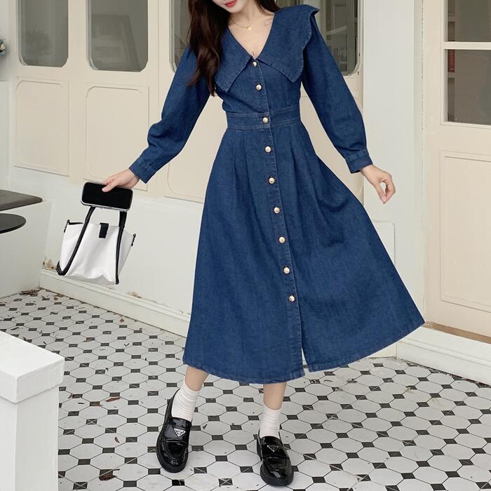ワンピース ワンピ ドレス ビッグカラー セーラーカラー デニム 袖あり レディース エレガント きれいめ カジュアル 大人 可愛い フェミニン 長袖 ミモレ丈 ハイウエスト 切り替え シンプル Aラ