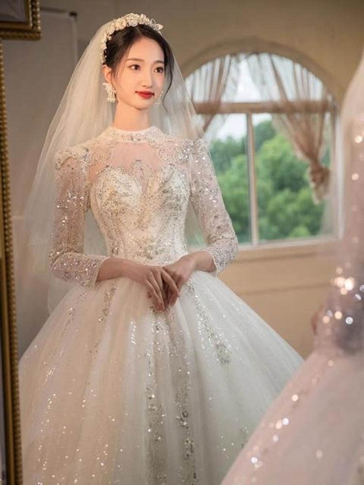 ウェディングドレス 2025 花嫁メインヤーン高品質テクスチャロングスリーブガウンレディースヘビーデューティーラグジュアリーウェルカムヤーンラージテール