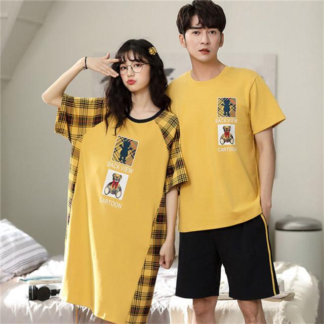 ペアパジャマ カップル ペア ルームウェア チェック柄 熊 ペアルック パジャマ レディース ワンピース メンズ 綿 寝巻き 部屋着 お揃い 寝間着 ギフト 結婚記念日 お祝い