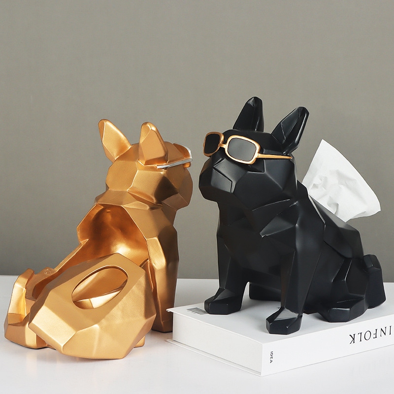 サングラス 犬 ティッシュケース ボックス 闘犬 オーナメント 雑貨 カバー ホルダー 収納 インテリア 動物 彫像 ブラック ブルー ゴールド