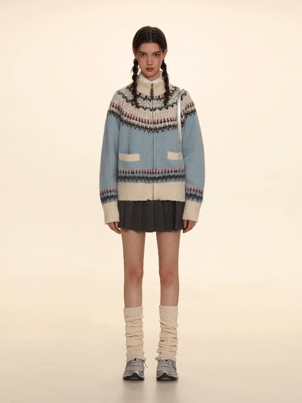 モロモロ 春の新作 ソフト ワキシー アトモスフィア セーター ジャケット レディース フェアアイル ラウンドネック ジッパー ニット カーディガン