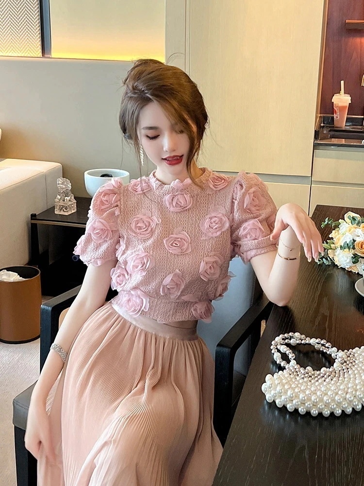 人気なリブニット JY.上品 半袖 ニット花飾り 秋冬夏 薔薇 フリル ショート丈 セーター レディース トップス ドレス パーティー キャバ 着痩せ 大人 お呼ばれ 同窓会 披露宴 卒業式 結婚