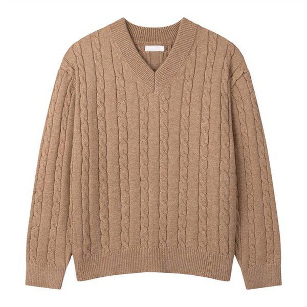 メンズ カイン ウォッシャブル ケーブル Vネック 長袖 ニットTシャツ GN-KN-Q005-オートミール