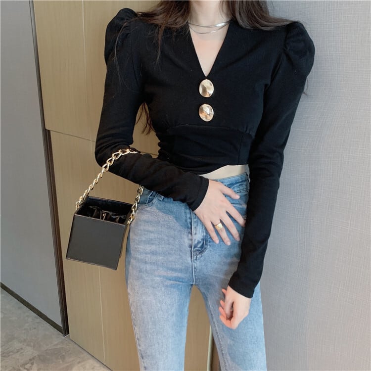 2色 トップス シャツ 長袖 l ショート丈 薄手 パフスリーブ スリム 春 秋 ブラック 黒 ブラウン 茶色 無地 シンプル カジュアル おしゃれ かわいい 大人可愛い 大人女子 大人カジュア 5,551円