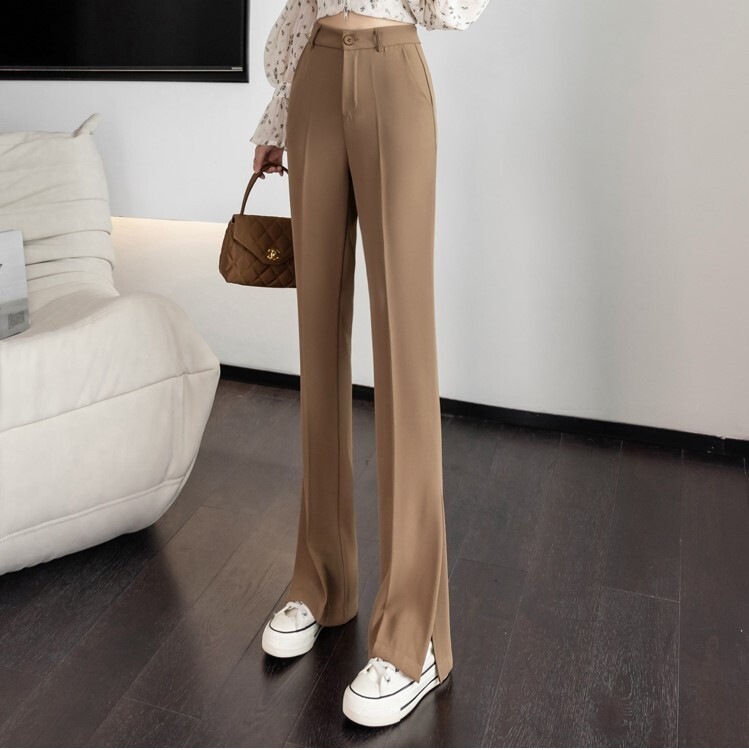 ボトムス パンツ ロング丈 ポケット ハイウエスト スリット ブラック グレー ブラウン 個性的 大人女子 無地 春 夏 秋 冬 オールシーズン レディース 女性用 10代 20代 30代