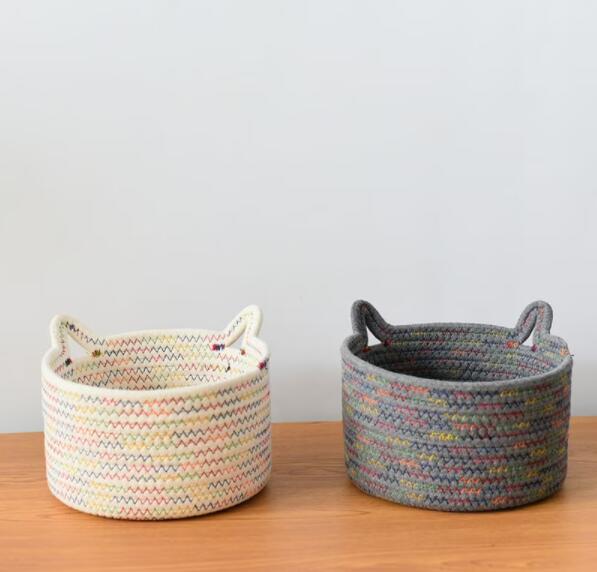 卓上収納バスケット 手編みコットンロープ収納バスケット キー雑貨スナック収納フレーム ファブリックおもちゃ収納バスケット