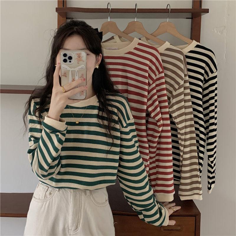 カットソーレディースtシャツストライプトップスゆるTシャツ長袖インナー重ね着レイヤード薄女性用かわいいカジュアル
