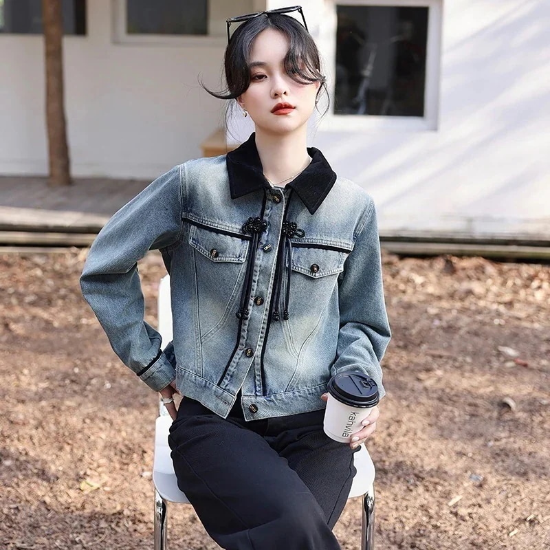 新中式上着2025春の新型ぶつかり色ショート丈ジャケット トップス 2025韓国 アウター デニムジャケット レディース