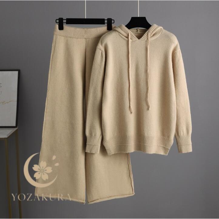 【迅速出荷速達】即出 新作パーカー ニット セットアップ ニットパーカー ワイドパンツ レディース 秋冬 長袖 フード付き ケーブル編み おしゃれ セーター ニットパンツ