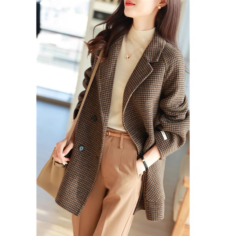 2025年春秋冬レディース向け千鳥格子柄レトロウールコートスリム見えエレガントスーツカラー付きチェック柄ミドル丈コート