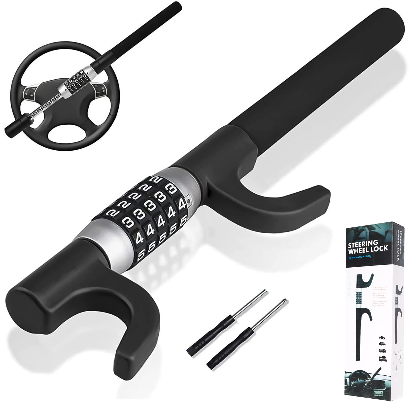 ハンドルロック ダイヤル式 車 盗難防止 グッズ ステアリングロック リレーアタック防止 カーセキュリティ (ブラック)
