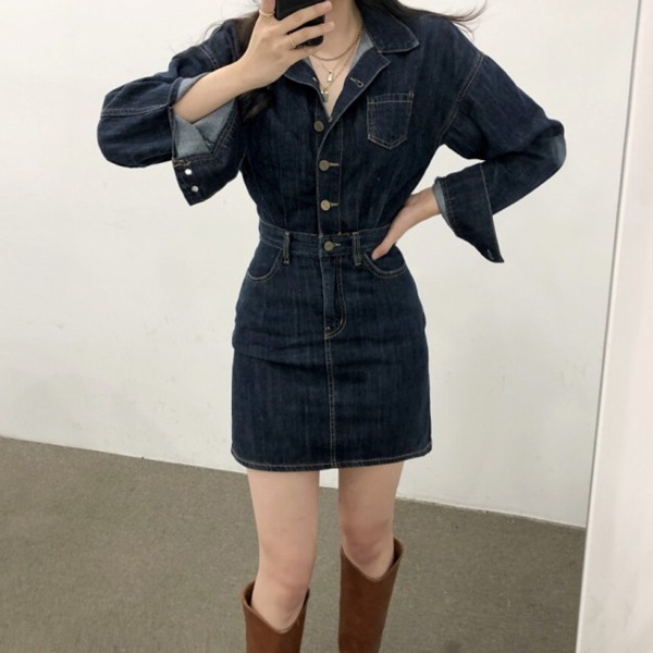 プラスサイズ ヘップバーンスタイルのデニムドレス レディース ワンピース ドレス アウター デニムスカート Gジャン ミニ 膝上 長袖 襟付き レギュラースタイル Aライン ウエストマーク ポケット