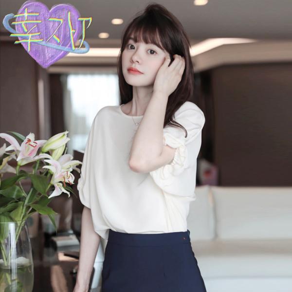 ブラウス レディース シャツ 夏 半袖 3点セット シフォン パフスリーブ キャミソール Uネック トップス 上品 通勤 大人 OL オシャレ30代40代50代