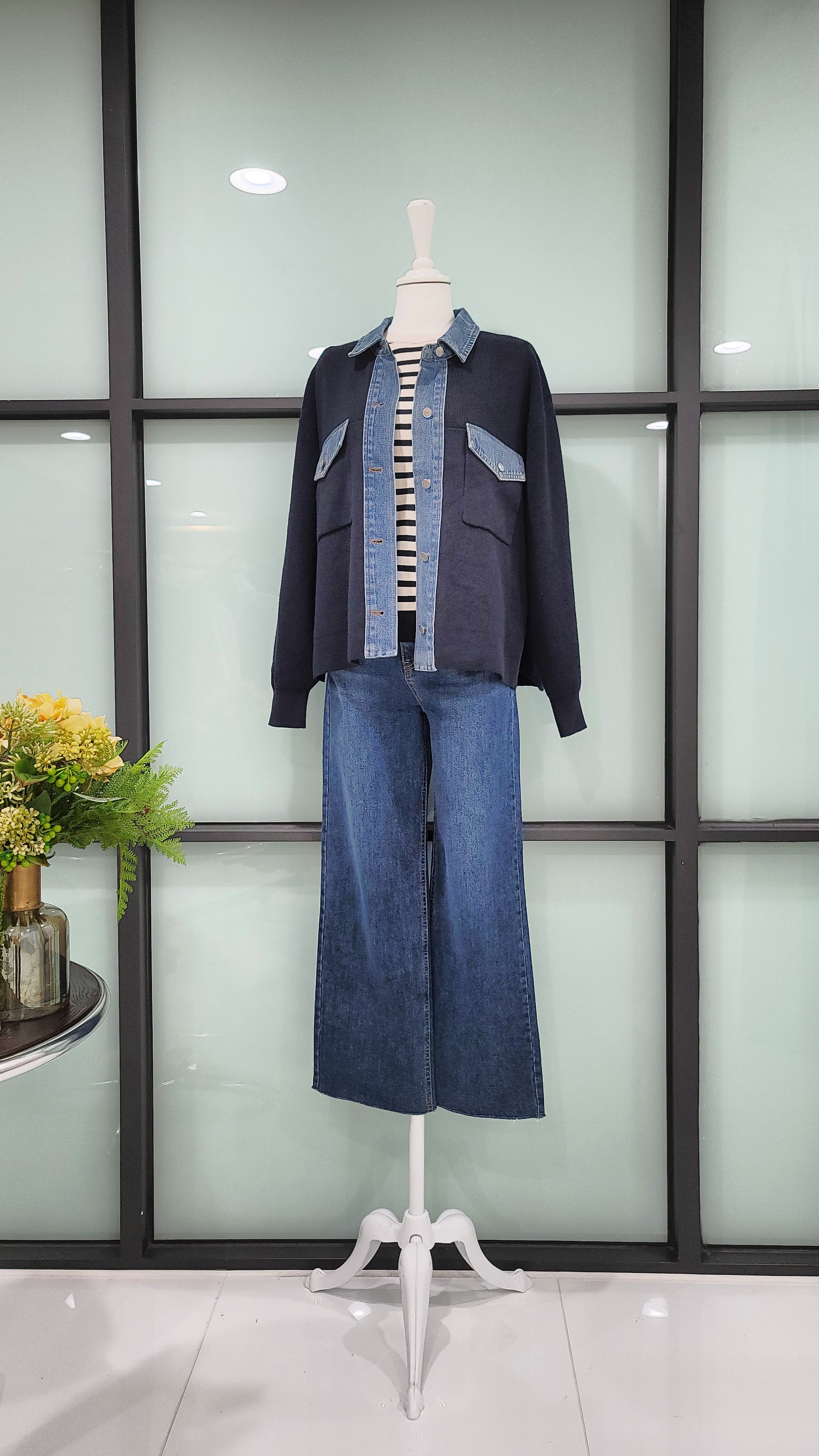 デニム配色ジャケットニットジャケットネイビーシャツ型オーバフェットジャケット