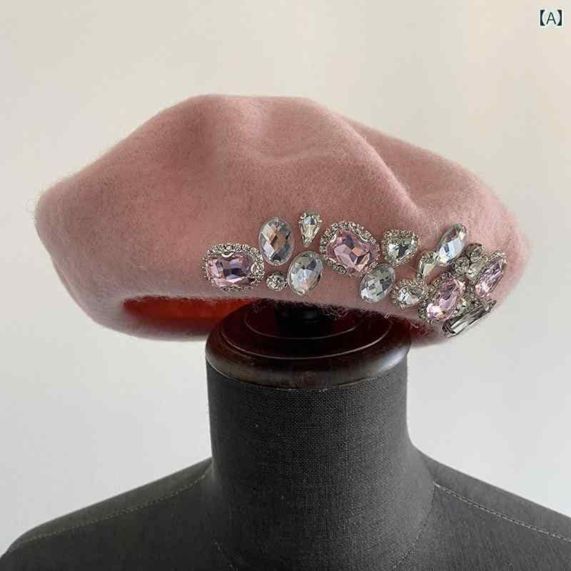 ベレー帽 レディース 秋冬 ウールブレンド フリーサイズ 画家 ドーム型 スイート かわいい ピンク ラインストーン 無地 ポッチ シンプル