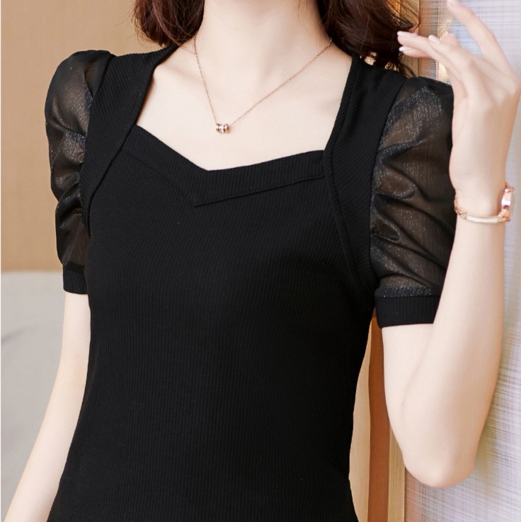 半袖パフスリーブ 透け感半袖パフスリーブ ストライプ生地トップス プルオーバートップス トップス シャツ プルオーバー 白シャツ 白トップス 袖あり 半袖 5分袖 五分袖 パフスリーブ スクエアネック