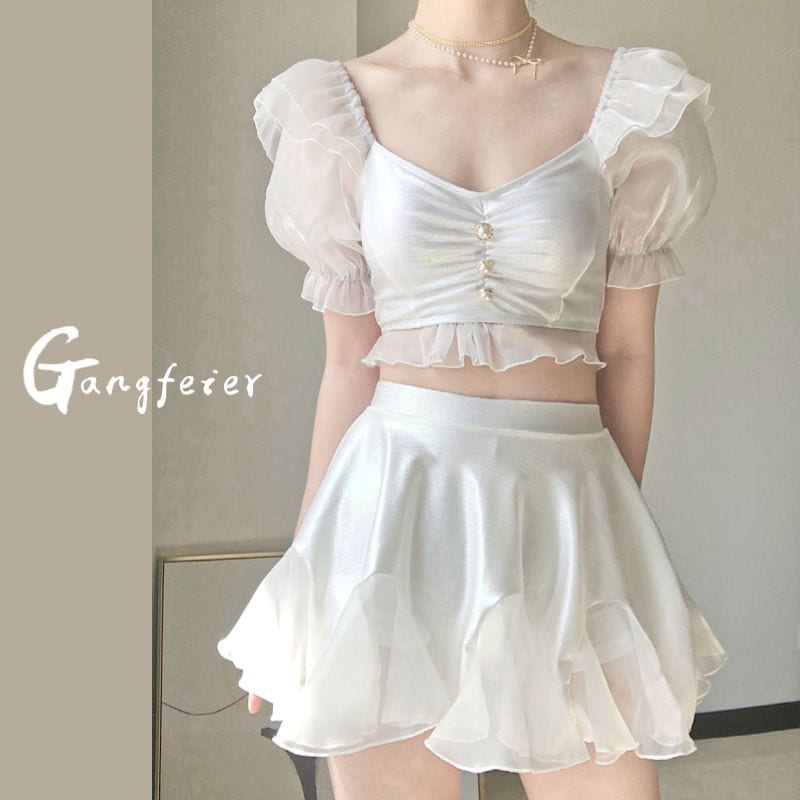 ２点で13o円OFF！【最安値挑戦】 セク キュート 日焼け防止 着痩せ バ袖 ラッフル 千鳥格子 無地 セパ水着 水着 今流行