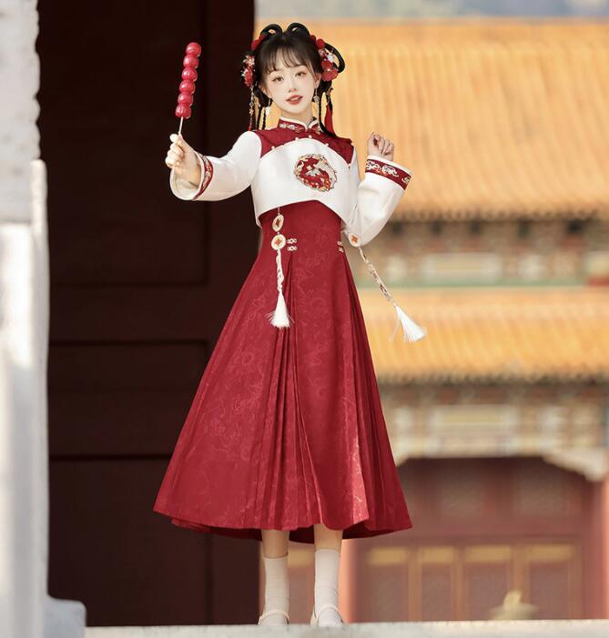 漢風 ロリータ服 女性 チャイナ服 元日 新年祝い 衣装 プレゼント ドレス＋スカート＋トップス 2点セット 中華服 秋冬 コスプレ衣装 かわいい 漢風ドレス 改良版漢服 レッド