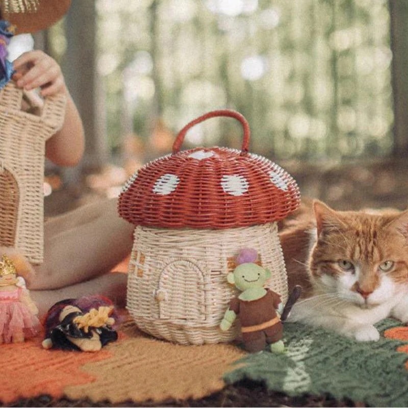 収納 バスケット キノコ型 レッド ピンク 籐 ラタン 収納ケース おしゃれ 蓋つき 籐かご 収納 カゴ 小物入れ 手提げ インテリア かわいい