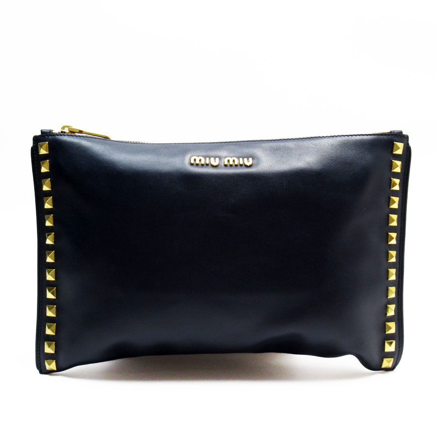 ミュウミュウ MIUMIU クラッチバッグ レザー/メタル ネイビー/ゴールド ユニセックス w0877kクラッチバッグ