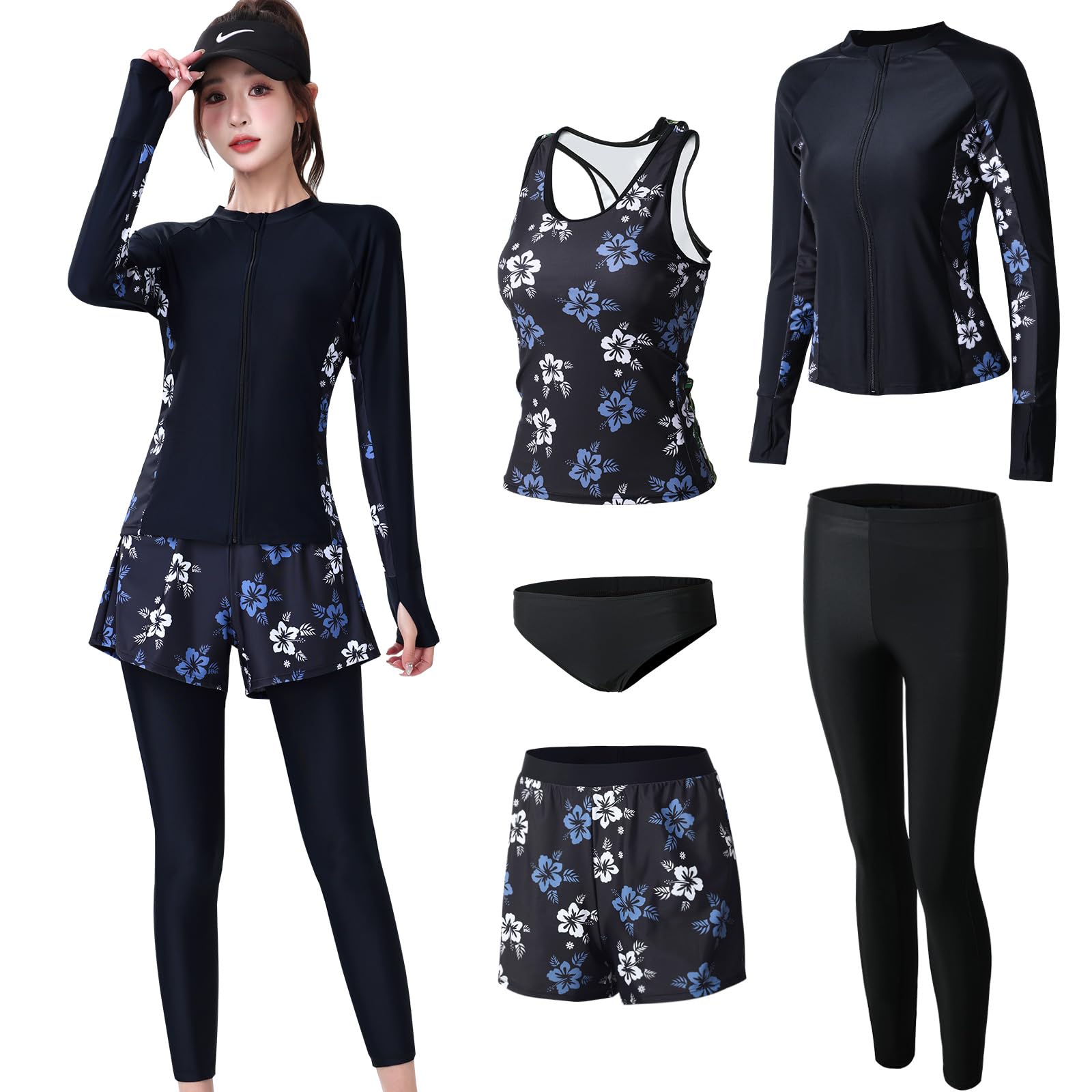 [ヒルトップクラウド]水着 レディース フィットネス水着 体型カバー ラッシュガード 5点セット タンクトップ レギンス 指穴空き UVカット 冷感 水陸両用 オシャレ かわいい 水泳 女性用