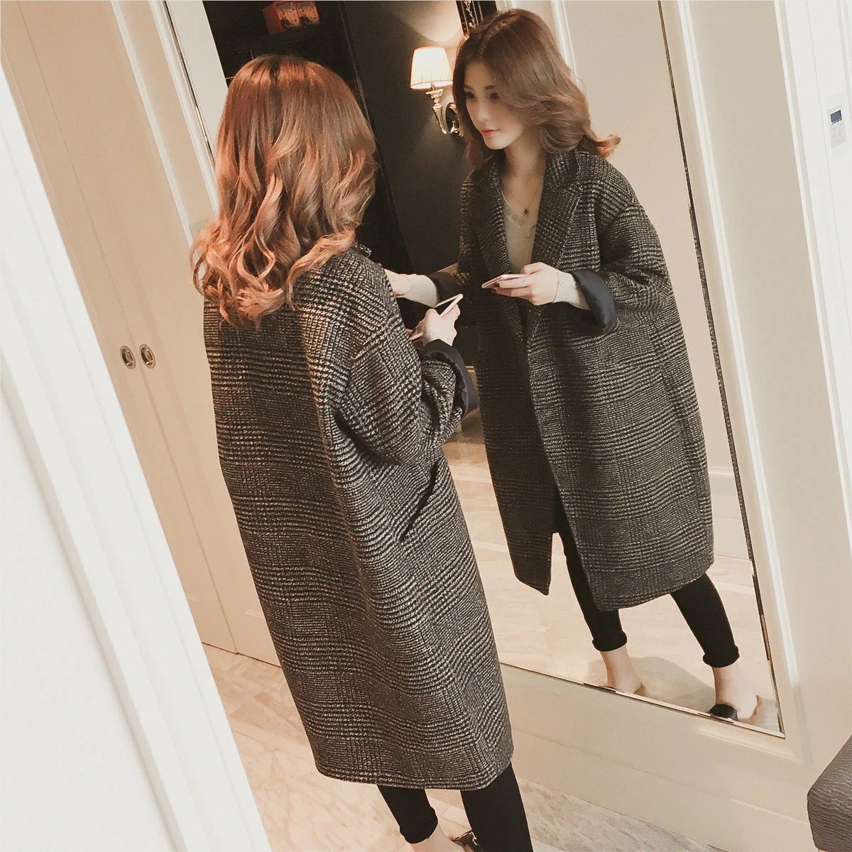 品大人気チェスターコートレディース秋冬ロングコート冬コート千鳥柄着痩せ体型カバーお洒落きれいめ通勤通学二次会203040