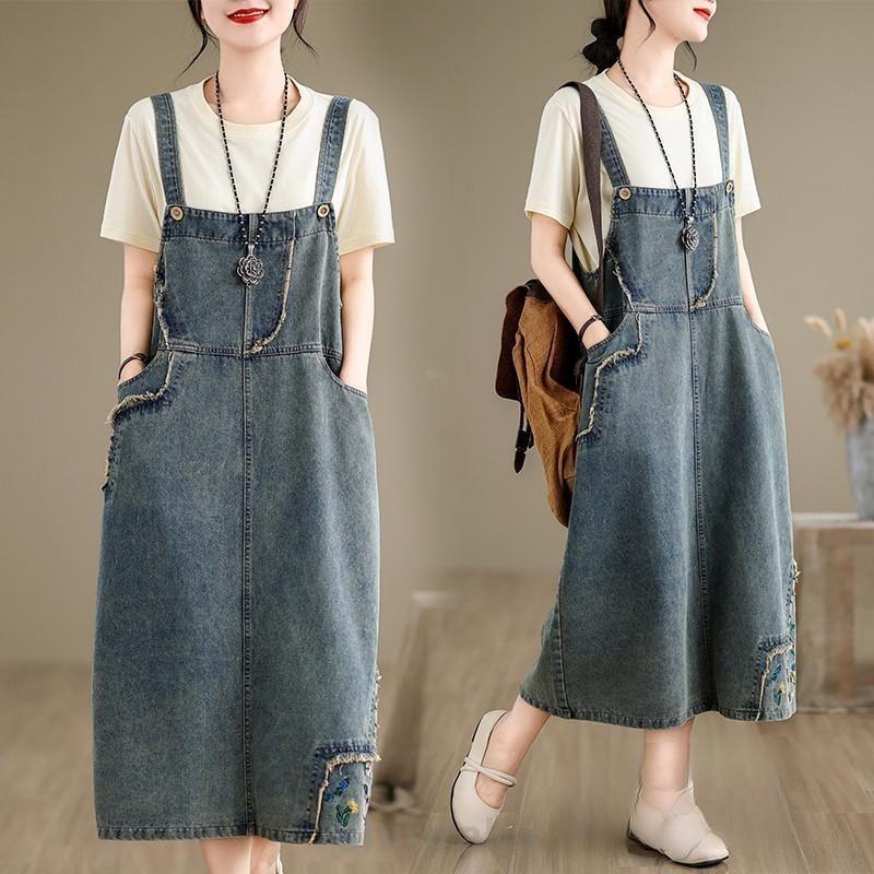 ワンピース レディース デニム ジャンパースカート オーバーオール サロペット オールインワン ロング丈 ゆったり 花刺繍 可愛い 30代40代50代60代70代