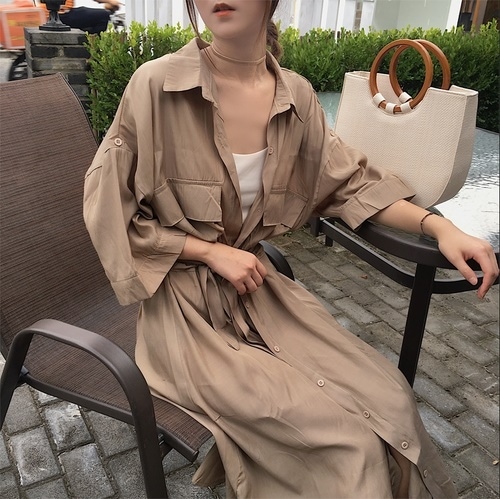 A1127.オーバーサイズシャツワンピース（キャメル）2019 春夏 sale ドレス カジュアル エレガント お呼ばれ 結婚式 披露宴 パーティー 女子会 レストラン デート