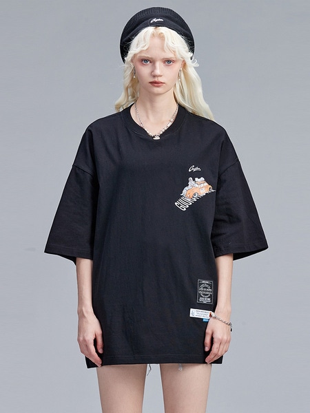 トレンディな夏半袖コットン Tシャツ女性のためのファッション学生ヒップホップ宇宙飛行士プリント黒半袖