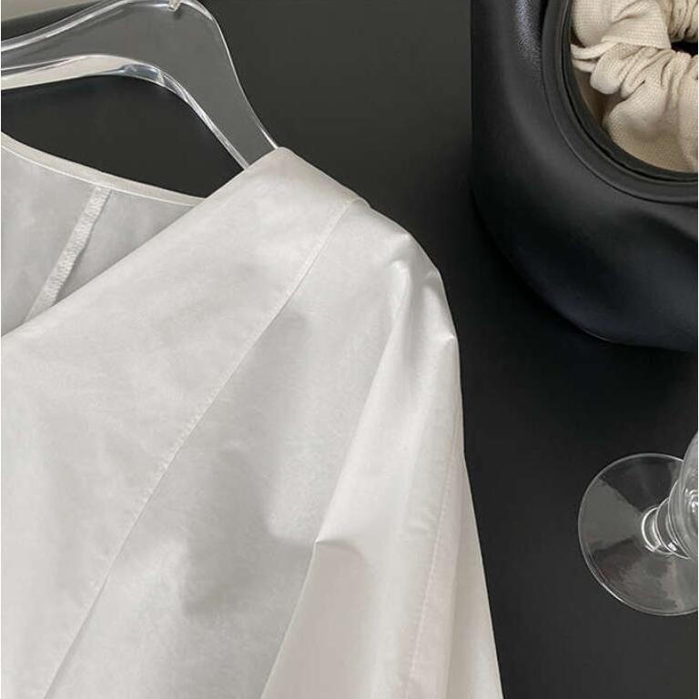 ブラウス レディース トップス シャツ インナー 白シャツ スーツインナー ビジネススーツ コットン 夏 春 秋 Vネック 長袖 シンプル 小顔効果 体型カバー