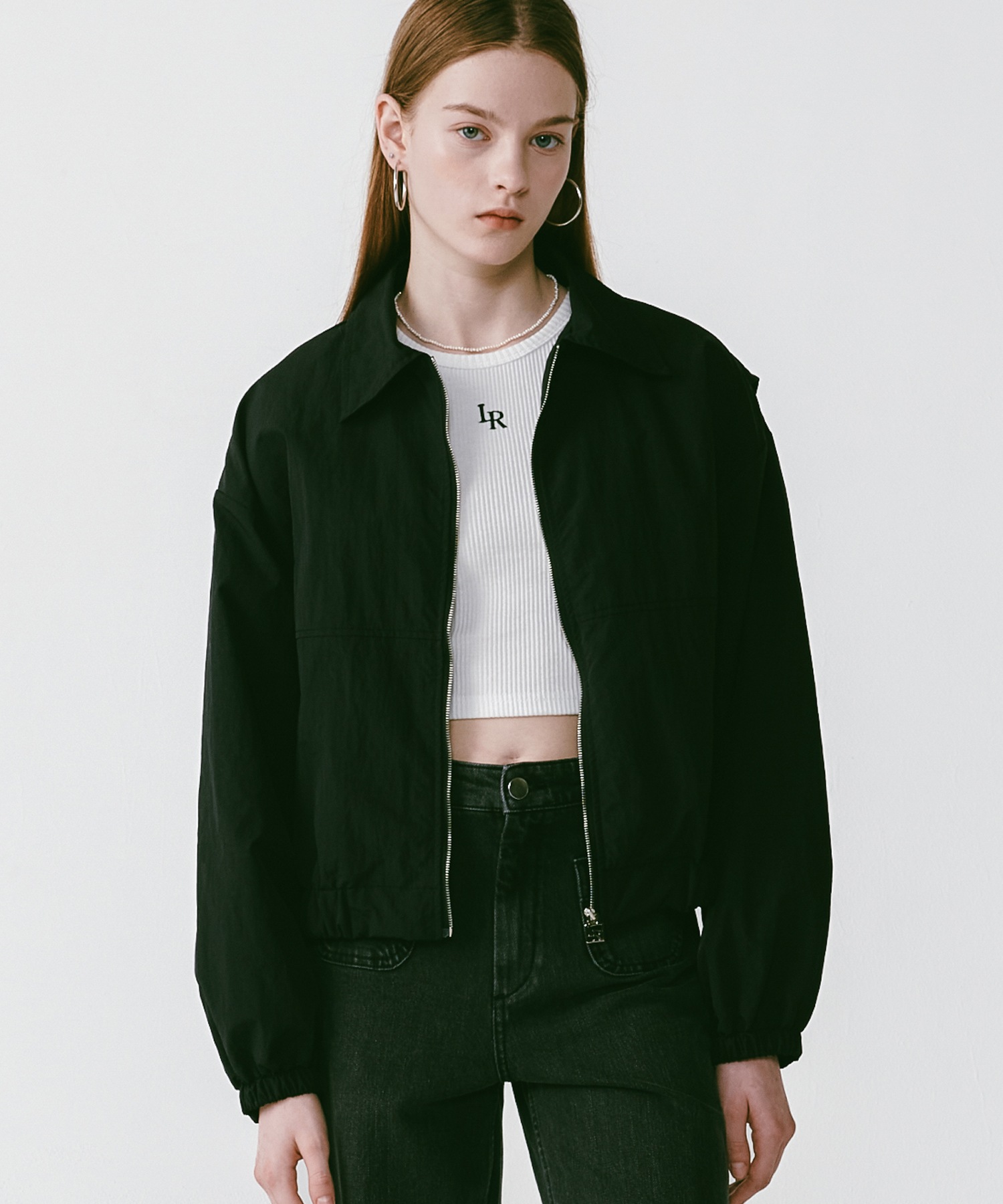 LOSSYROW ウィンドブレーカークロップジャケット (ブラック)