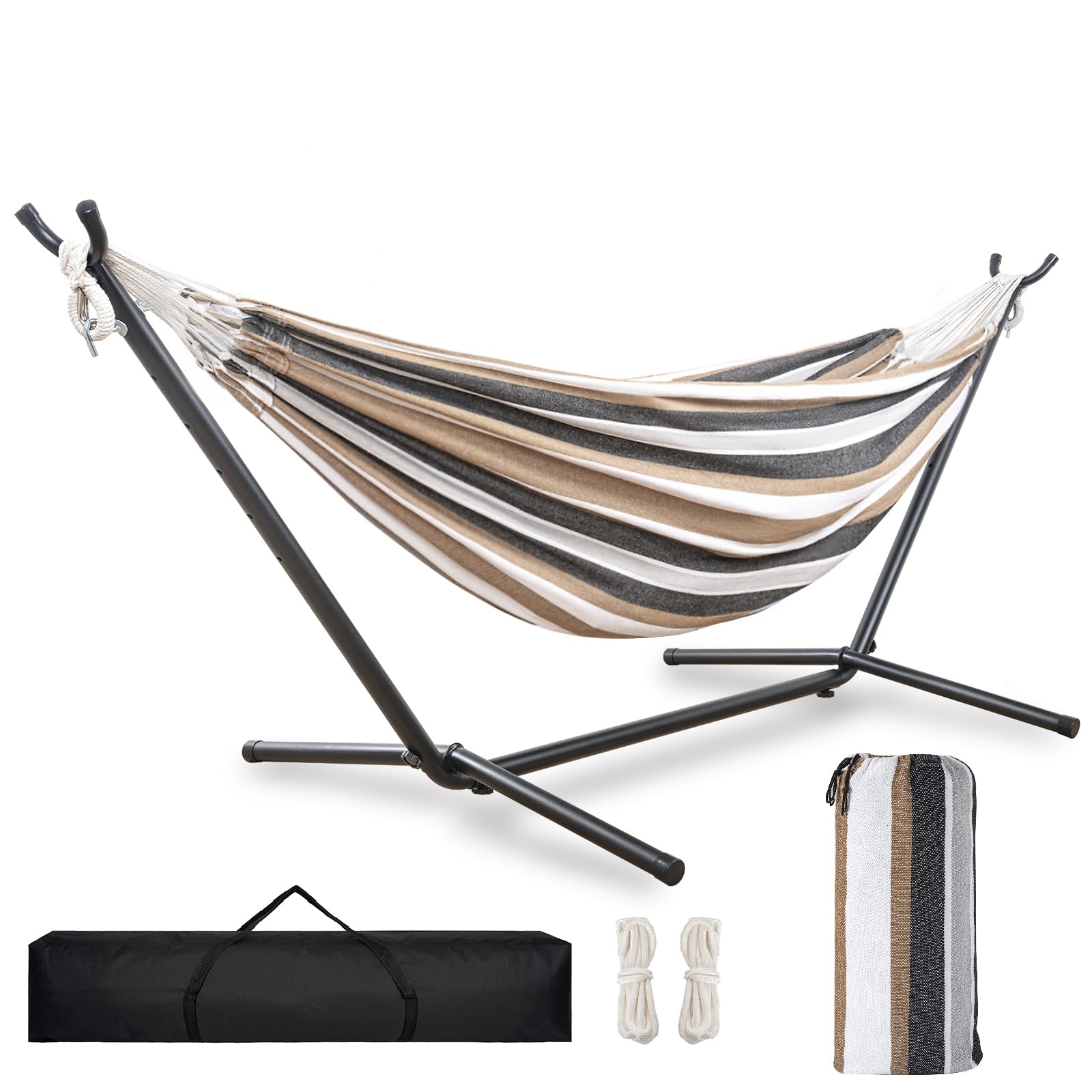 TORIBIO ハンモック 自立式 超広い ダブル 耐重荷 高さ調節 簡単な組み立て 吊り下げ可能 室内 室外 (ブラウン)