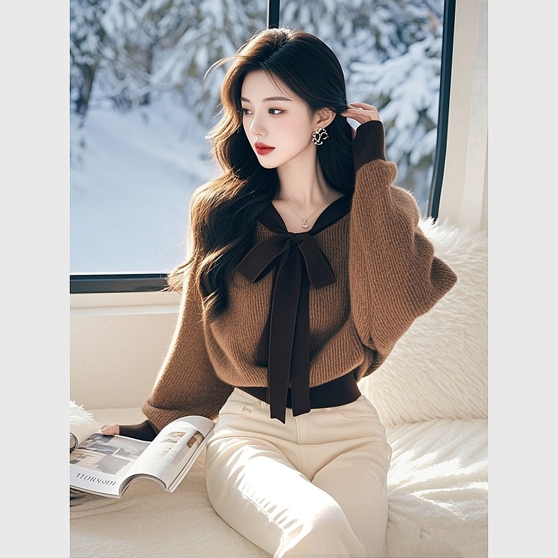 韓国の雰囲気を着る女性のための茶色の蝶ネクタイセーター2024冬ユニークでユニークなニットトップ