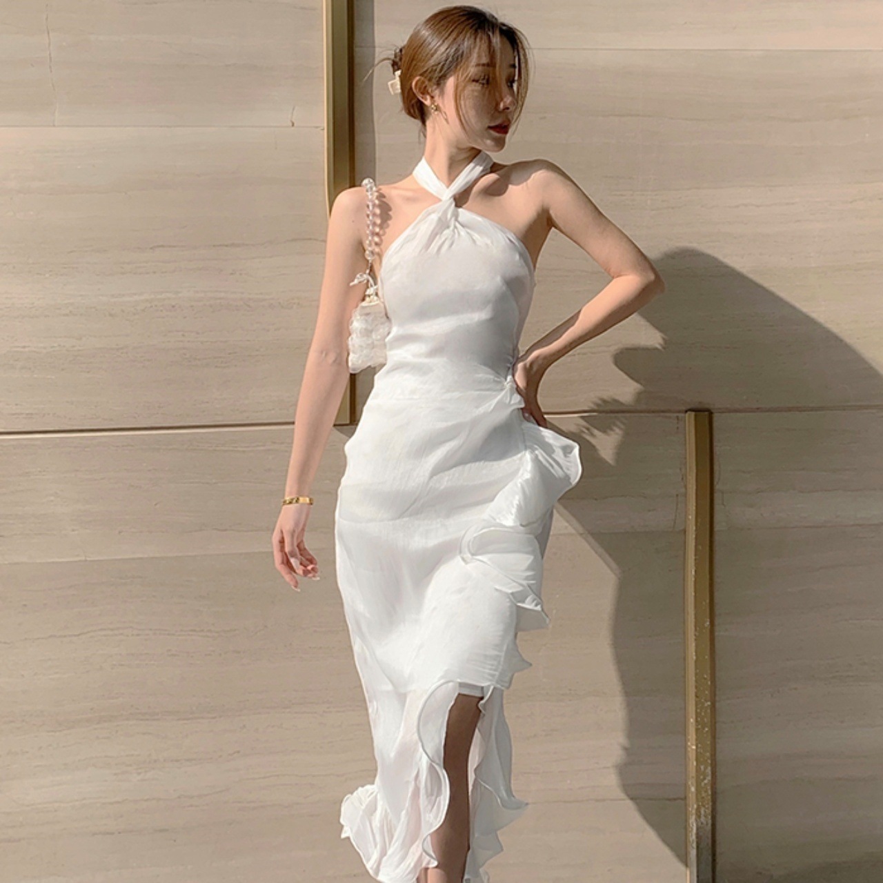 ワンピース レディース パーティードレス ホルターネック バックリボン ノースリーブ